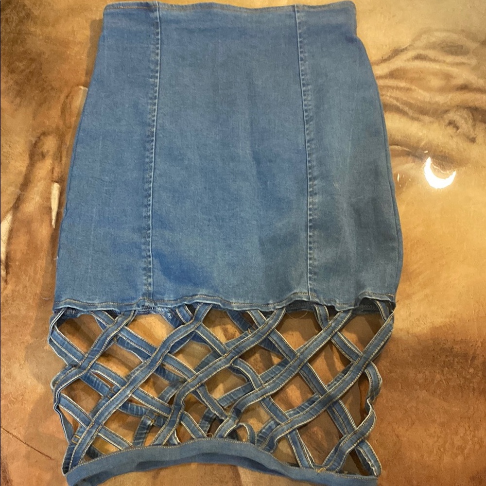 Blue Denim Skirt with Lattice Hem